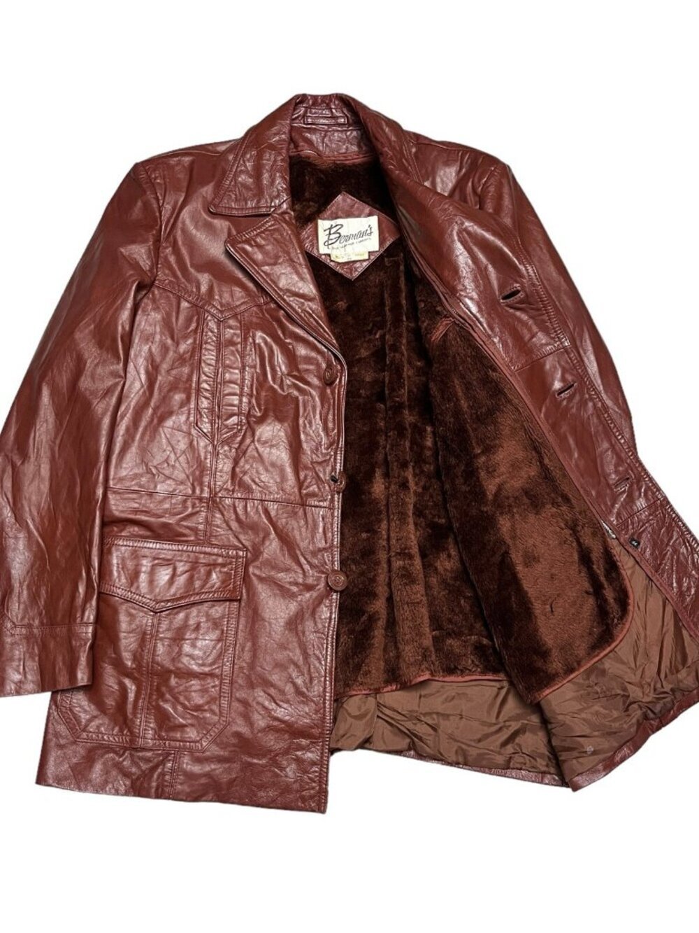 VINTAGE Bermans 100% LEATHER Coat Faux Fur Fleece Lined Luxury Jacket Mens